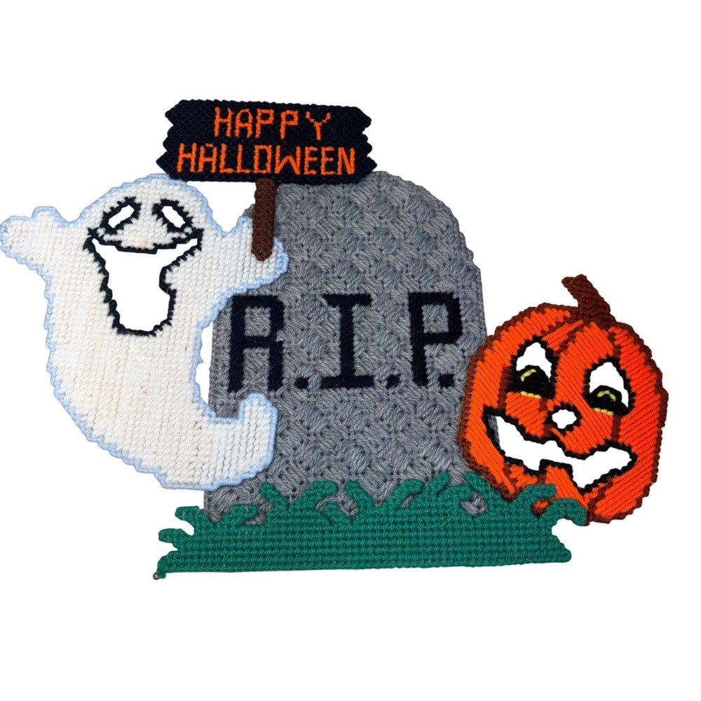VTG Handmade Yarn Needlepoint Witch Ghost Scarecrow Tombstone Wall Hanging Decor - Picture 9 of 12